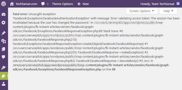 Facebook Instant Articles Fatal Error caused uncaught exception