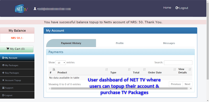 User dashboard of NET TV Nepal where users can topup their account & purchase TV Packages