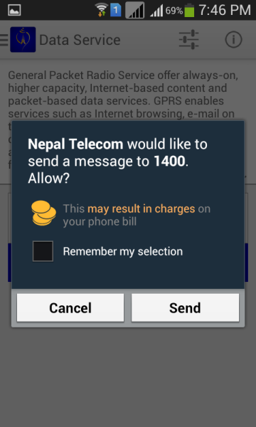 Nepal Telecom Android App uses SMS feature to provide service requests