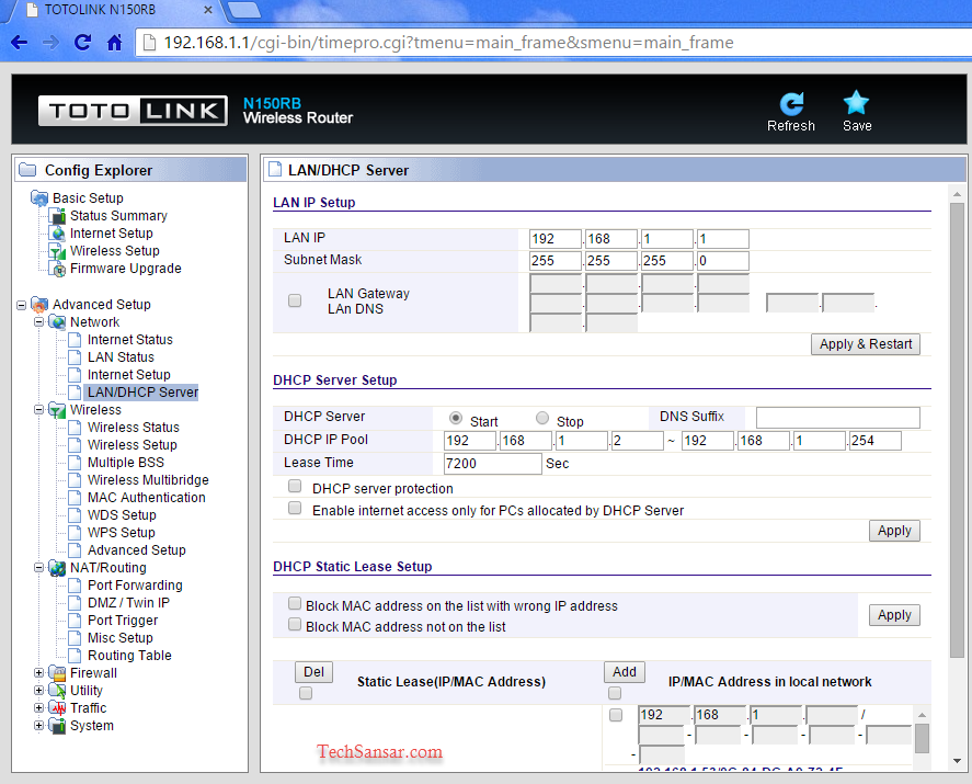 TOTO Link Advanced Network Setup includes various LAN DHCP server options
