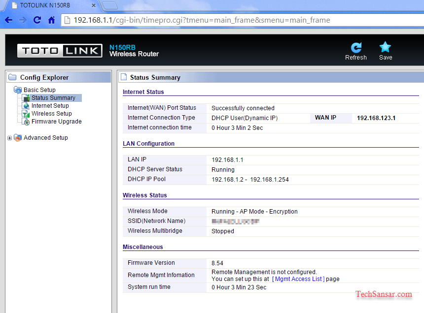 TOTO Link WIreless router dashboard