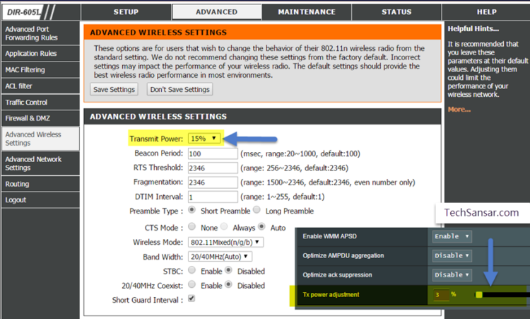 Adjusting transmit power in Advanced wireless settings in Dlink and Asus routers