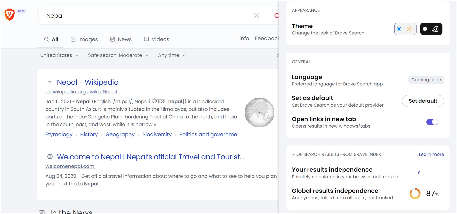 Brave search's settings on Brave Index results independence