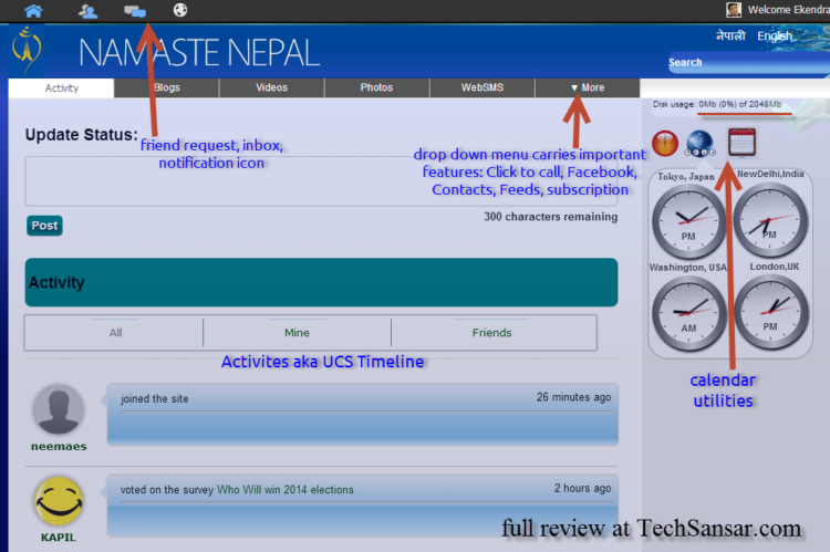 Dashboard of Namaste Nepal exhibiting features of the Nepal Telecom UCS