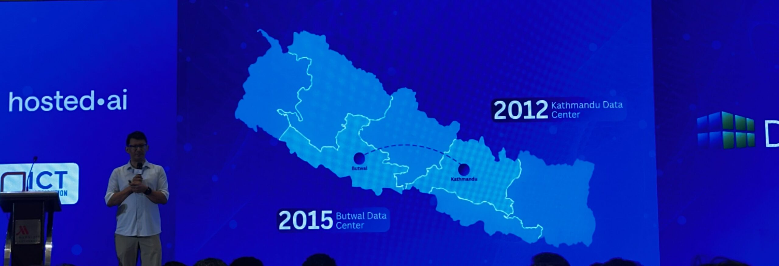 The Launch That Moved Syuchatar: YetiCloud.AI and the Night Nepal's Compute Policy Went Public 2 Deepak Shrestha, Managing Director of DataHub, presents the company's data center timeline: Kathmandu (2012) and Butwal (2015). Photo: TechSansar.