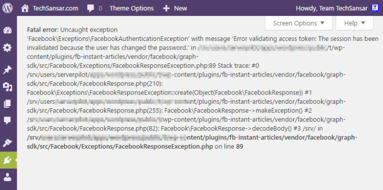 Facebook Instant Articles Fatal Error caused uncaught exception