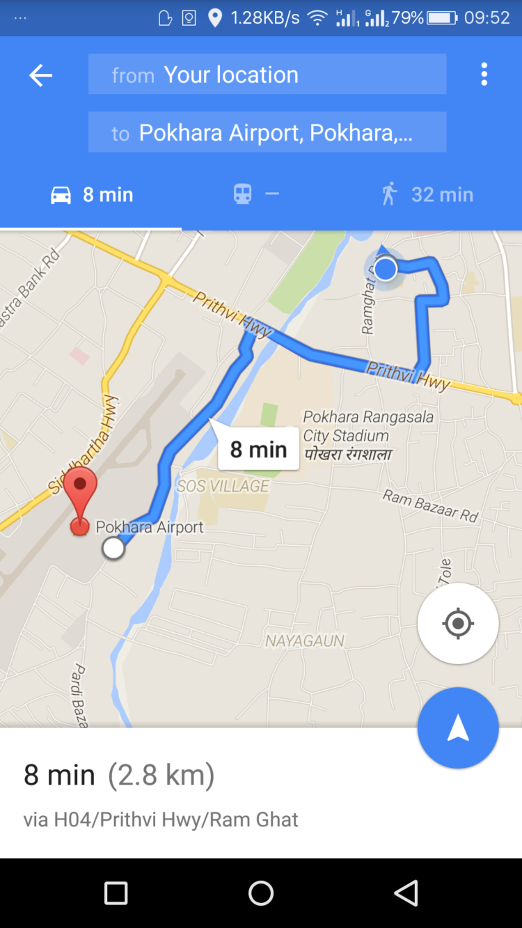 Finding route in Pokhara using Google Maps voice command