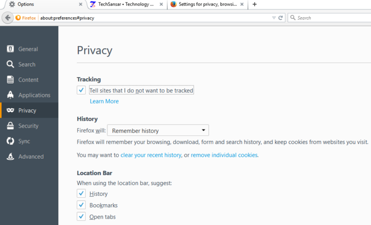 Firefox browser Do Not Track Privacy Setting