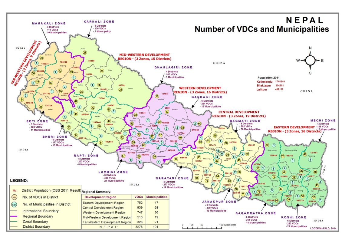Map of Nepal displaying updated no. of VDCs and all Municipalities