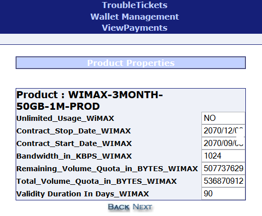 Nepal Telecom's WiMAX Product Properties showing details of the package includes broadband bandwidth & quota volume details