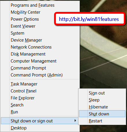 Quick shutdown using right click on bottom left or Win Key + X