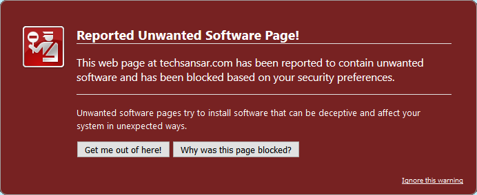 Reported unwanted software page Firefox notice