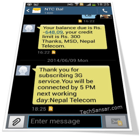SMS confirming 3G service subscription with Nepal Telecom 3G network
