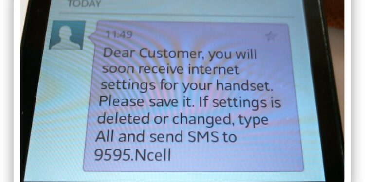 SMS to notify Ncell customer will soon receive internet settings for their handset