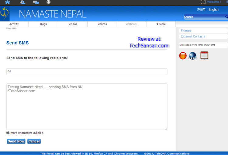 Sending SMS from Namaste Nepal - the social network of Nepal Telecom