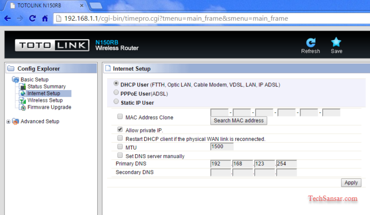 TOTO Link Config Explorer Internet Setup