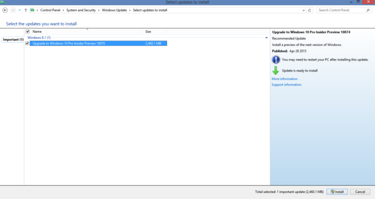 Upgrade Windows 8.1 to Windows 10 from Control Panel installs available