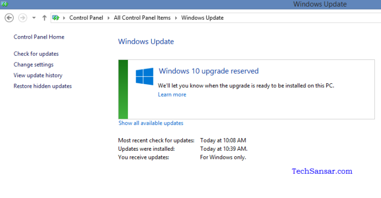 Windows 10 upgrade reserved Control panel confirmation