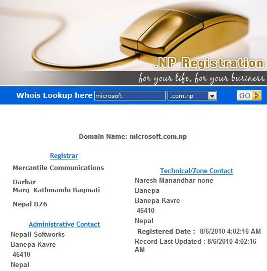 Microsoft.com.np - Domain registered in Mercantile and doesn't belong to Microsoft Nepal