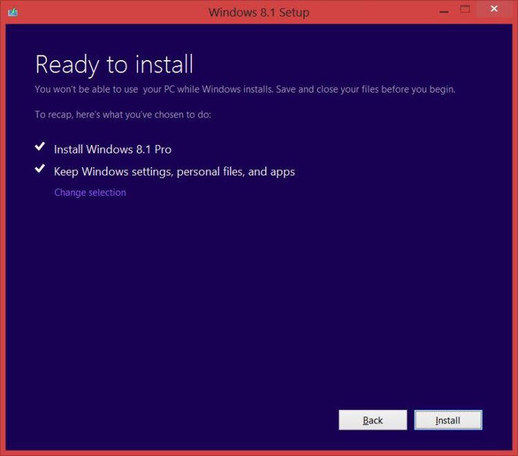 Windows 8.1 Setup ready to install - Option to keep Windows Settings, personal files, and apps